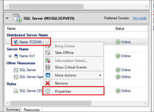 Shortcut menu for the DNN resource, with the Properties command highlighted.