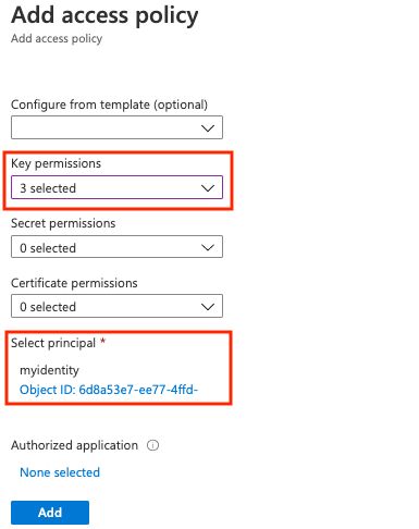 Screenshot of options for creating a key vault access policy.