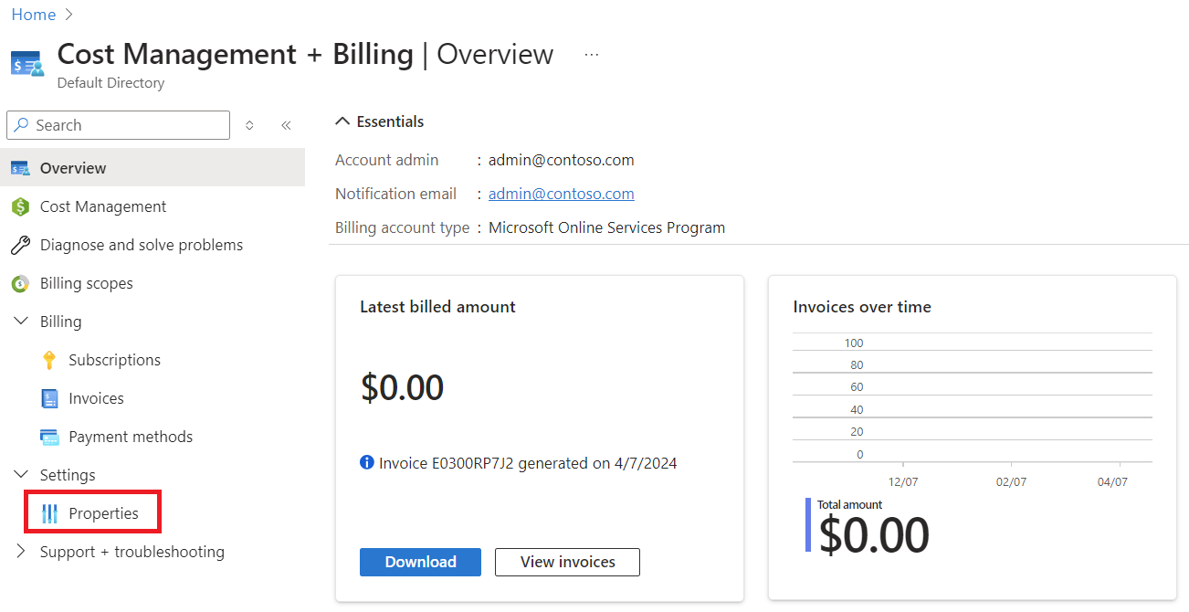 Screenshot that shows MOSP billing account properties.