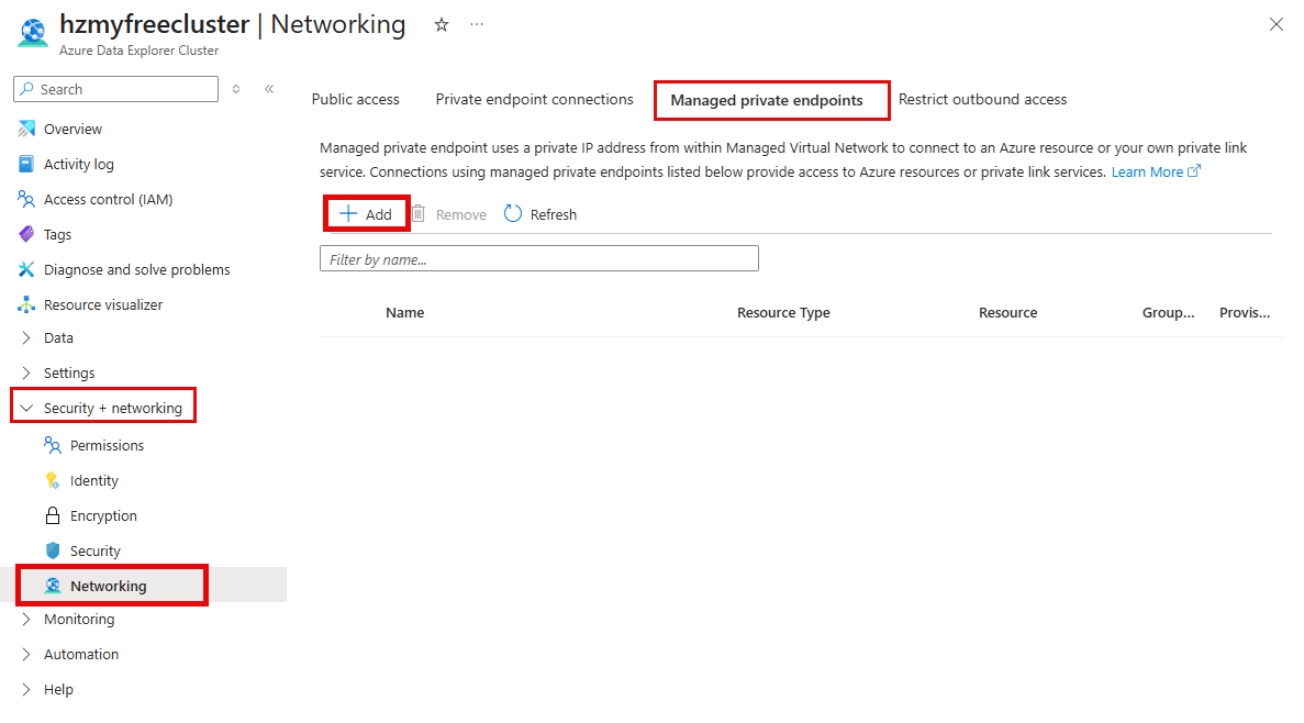 Screenshot of the networking page, showing the first step in the creation of a managed private endpoint.