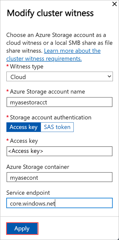 Screenshot of local web UI "Cluster" page with cloud witness type selected in "Modify cluster witness" blade on first node.