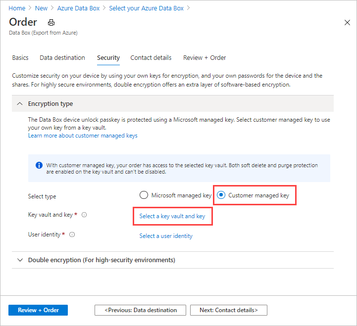 Screen capture showing the data fields on the Security tab for a Data Box export order with Encryption Type settings controls expanded, highlighting settings options for Customer-managed Keys.