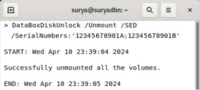 Screen capture displaying sample output showing the Data Box Disk successfully unmounted.