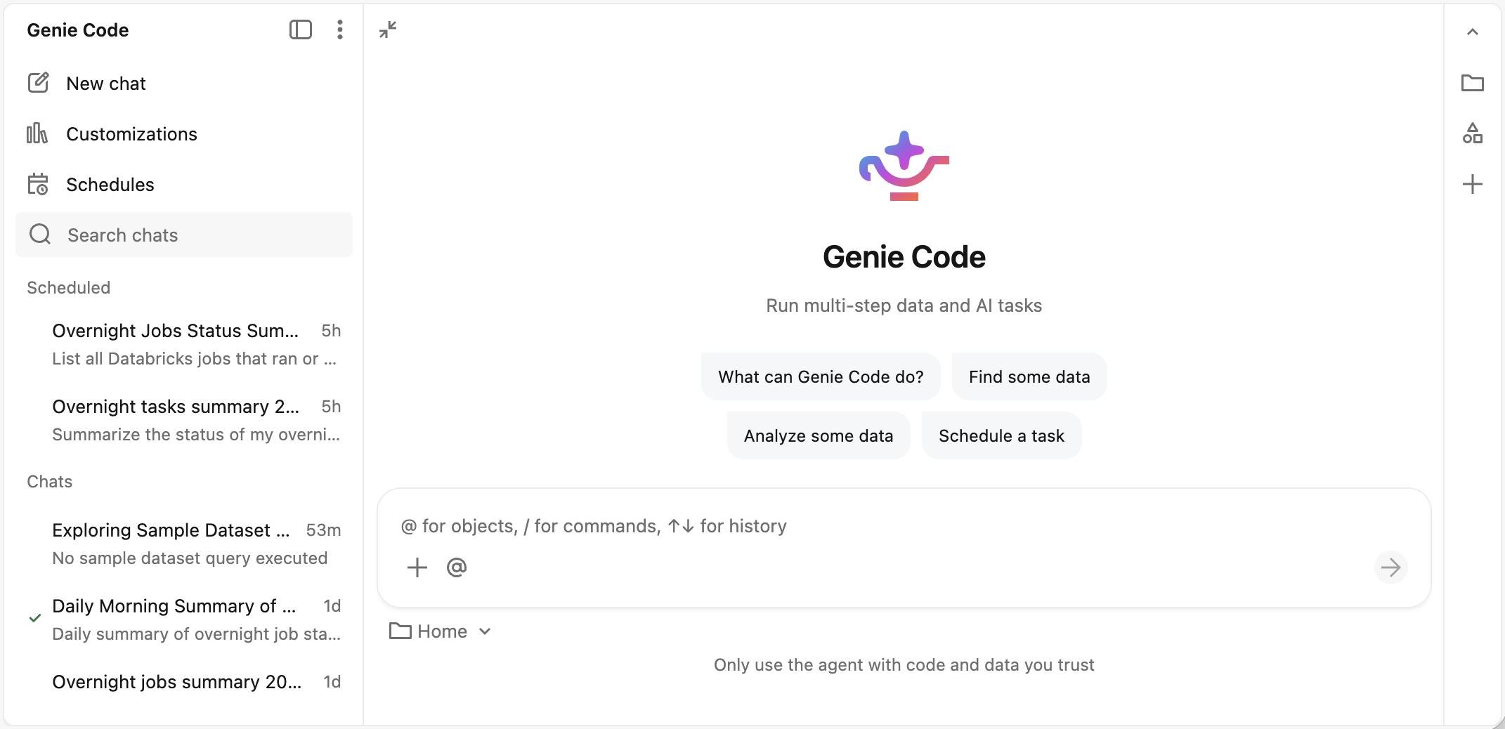 Full page Genie Code interface showing the chat sidebar with the scheduled tasks and chat lists.