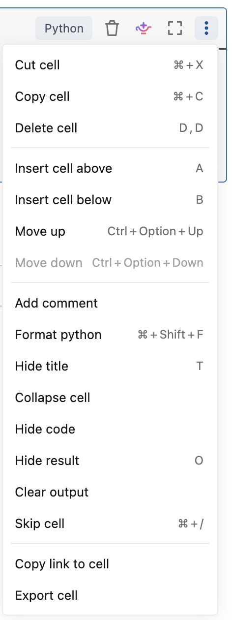 Cell actions menu