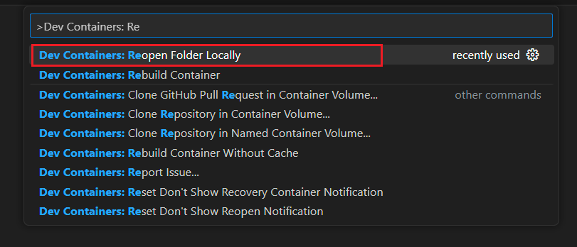 Screenshot of the Command Palette option to reopen the current folder within your local environment in Visual Studio Code.