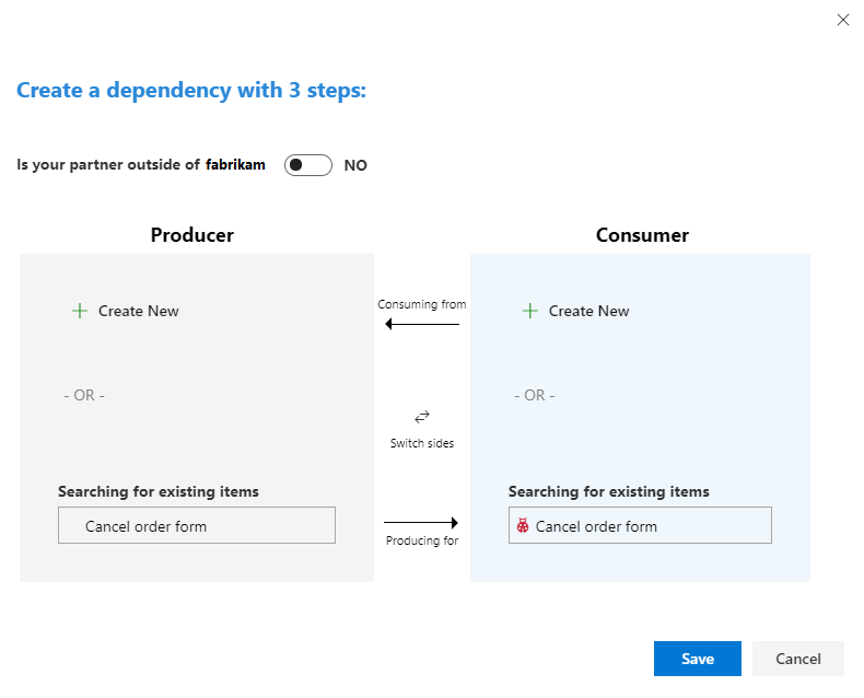 Screenshot of Create dependency dialog, choose two existing work items to link.