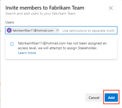 Screenshot of the Invite members to a team dialog, add new user account.