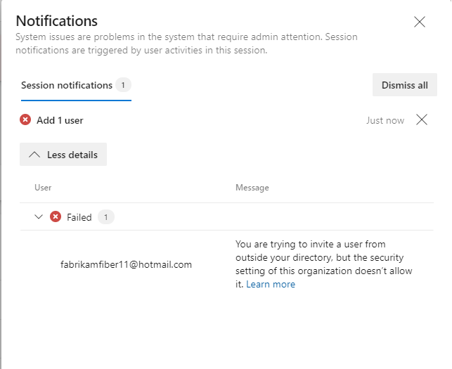 Screenshot of the Notification dialog showing details about why the operation failed.
