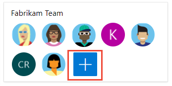 Screenshot of the Team Members widget on a dashboard with the Manage team members action (the plus symbol) highlighted.