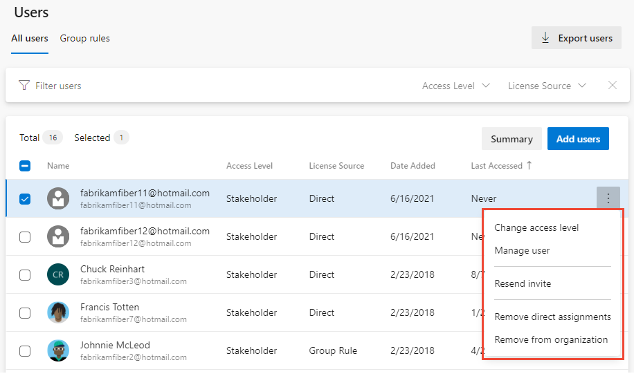 Screenshot of the options for managing users on the More actions menu.
