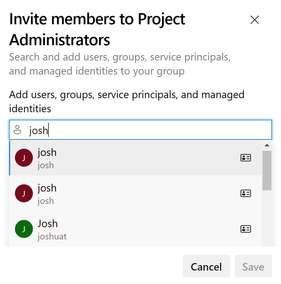 Add users and group dialog