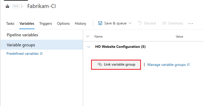 Screenshot that shows linking a variable group.