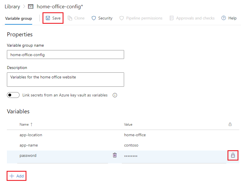 Screenshot of configuring and saving a variable group.