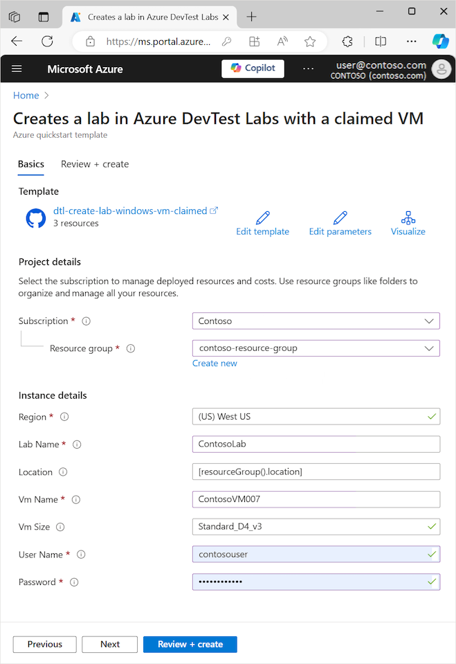 Screenshot of the configuration page for a new VM based on the Creates a lab in Azure DevTest Labs with a claimed VM template.