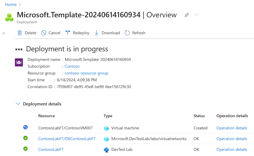 Screenshot that shows the deployment in progress for the new lab and claimed VM on the template Overview page.