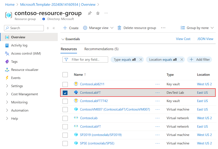 Screenshot that shows how to access the new lab on the  resource group Overview page.