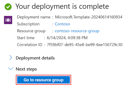 Screenshot that shows deployment complete and the Go to resource group option.