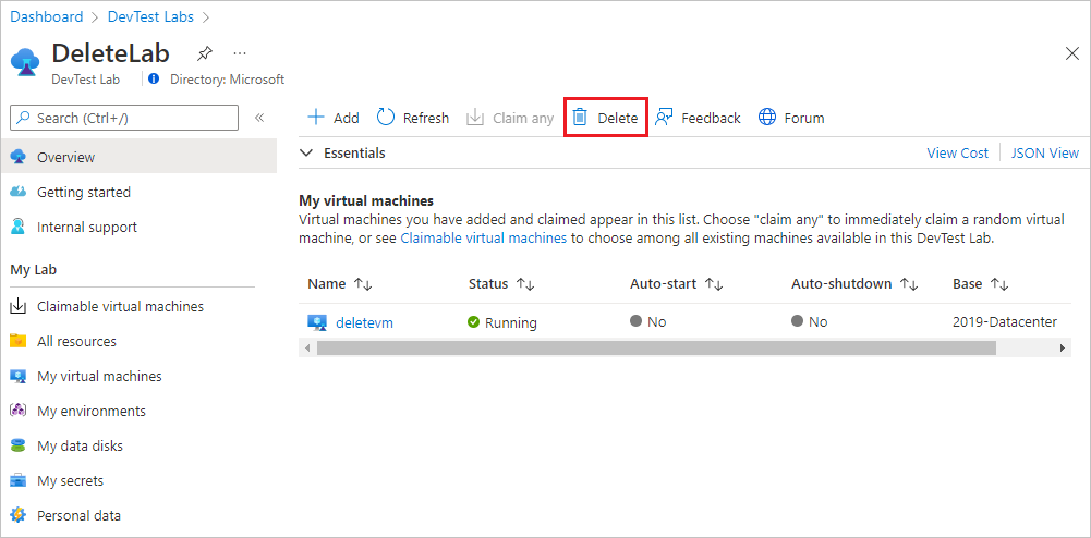 Screenshot of the Delete button on the lab Overview page.