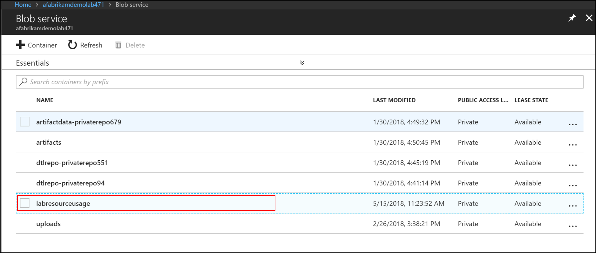 Select blob container