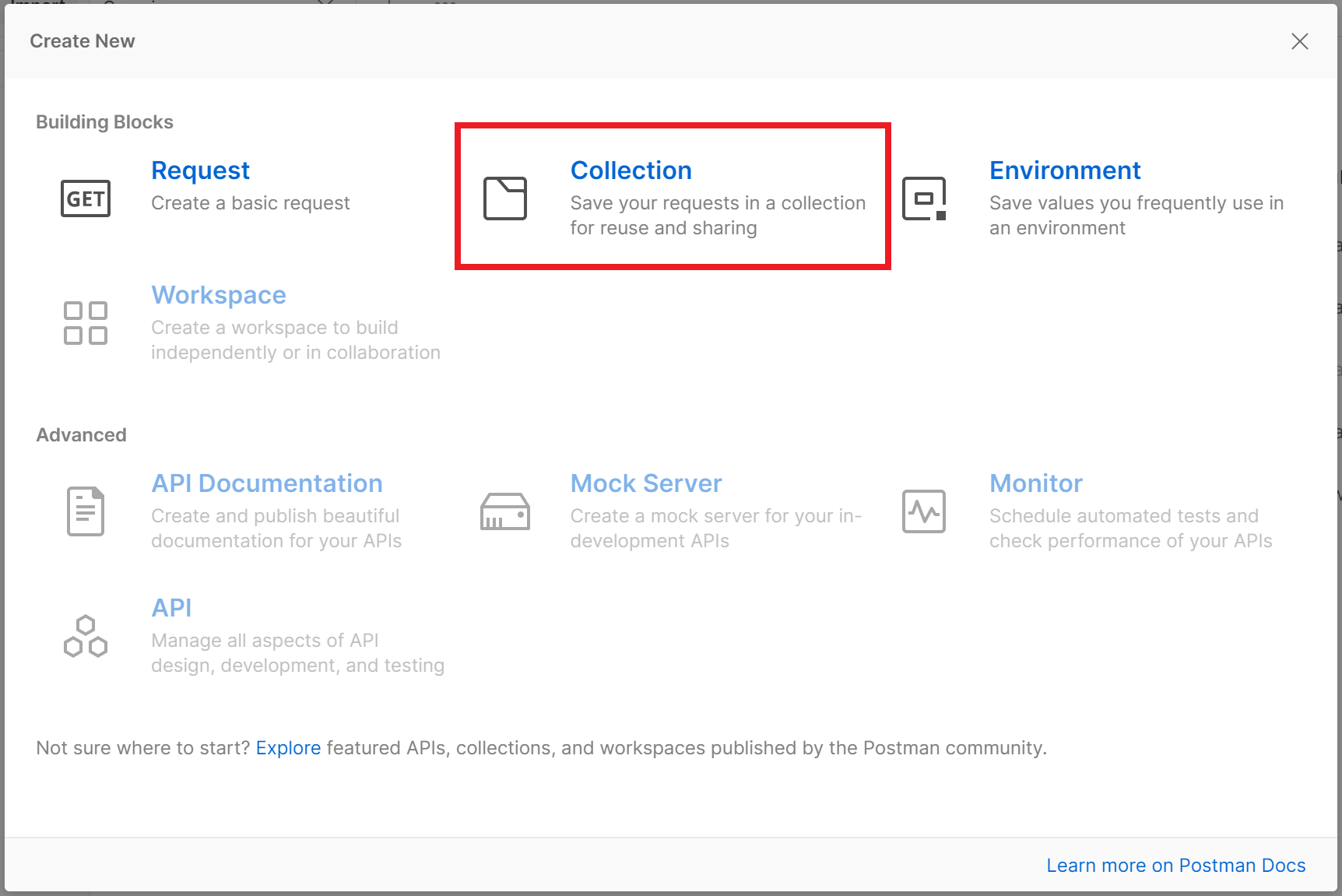 Screenshot of the 'Create New' dialog in Postman. The 'Collection' option is highlighted.