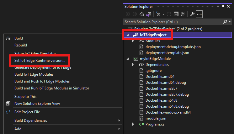 Screenshot of how to find and select the menu item named 'Set IoT Edge Runtime version'.