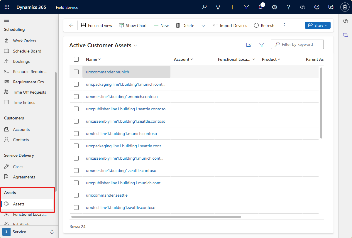 Screenshot that shows the new asset definitions in the field service asset table.