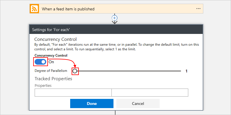 Screenshot shows Consumption workflow, action named For each, concurrency control setting turned on, and degree of parallelism slider set to 1.