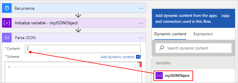 Screenshot showing the designer for a Consumption workflow, the "Parse JSON" action, and the selected JSON object variable to use in the "Parse JSON" action.