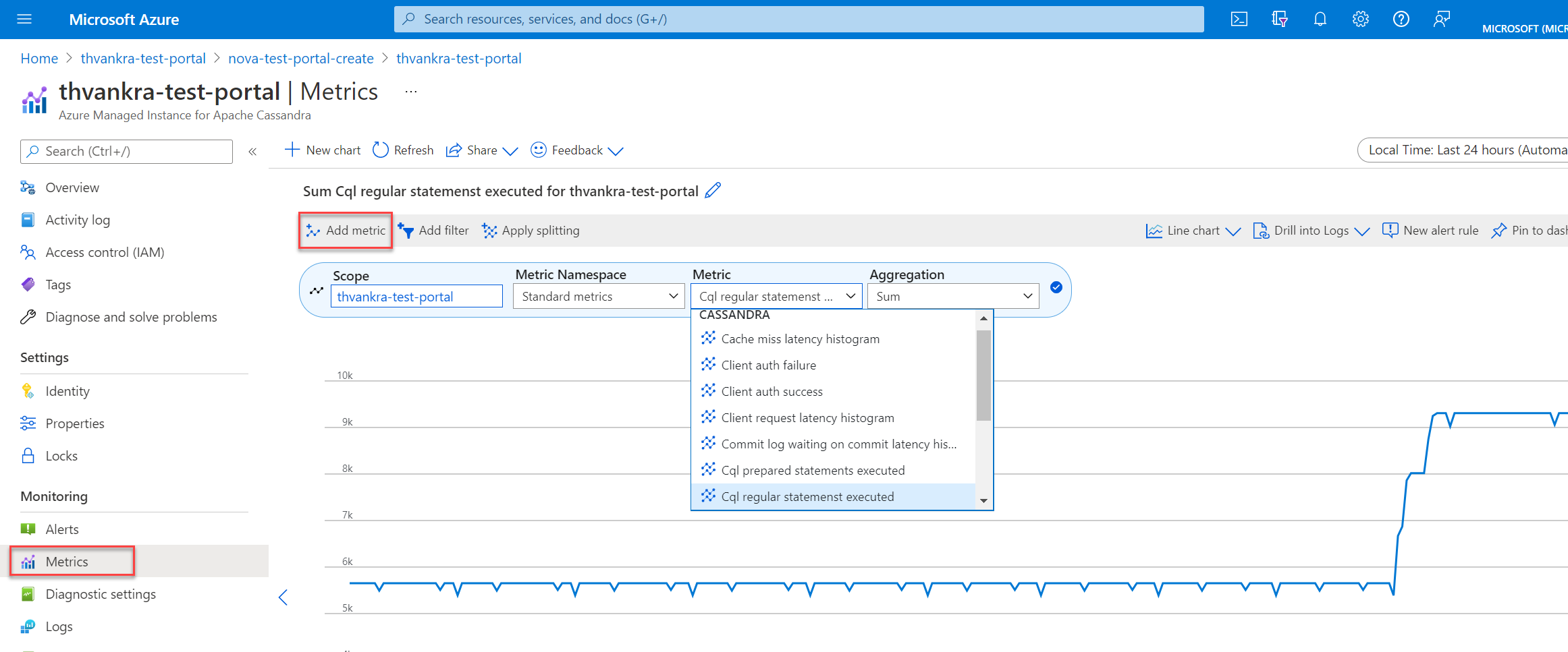 Screenshot that shows the Metrics pane in the Azure portal.