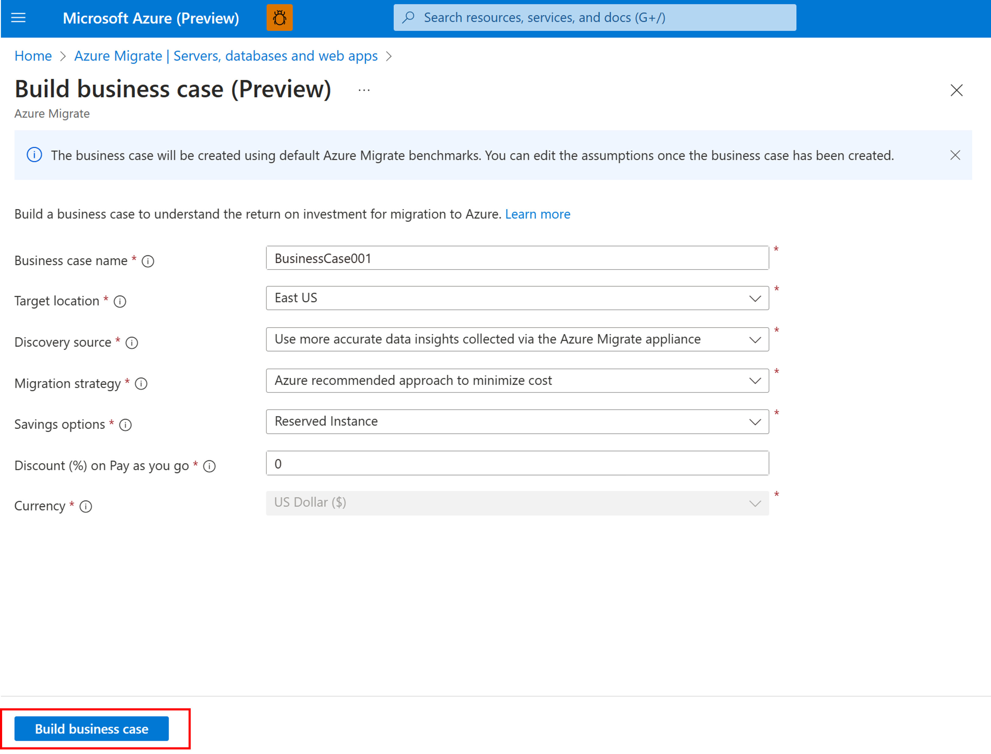 Screenshot of the button to initiate the Business case creation.