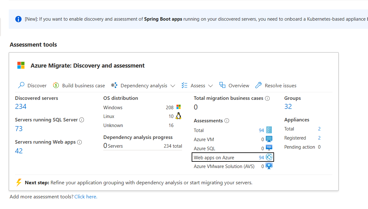 Screenshot of clicking the hyperlink to see the list of web app assessments.