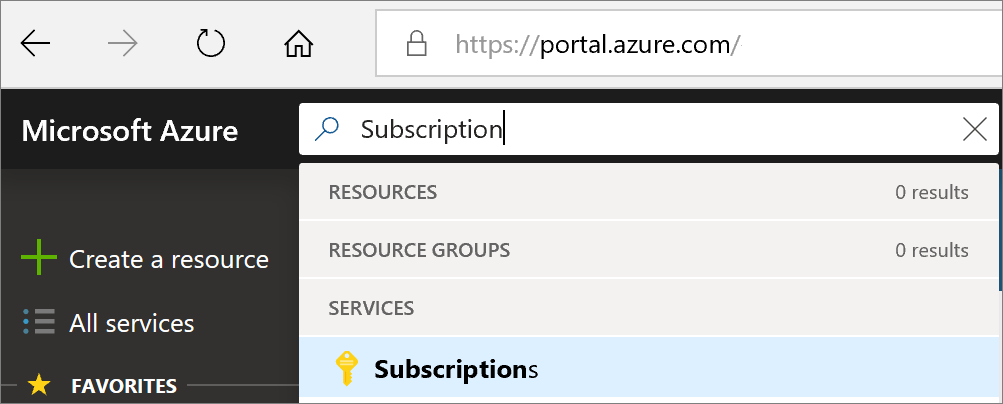 Screenshot of search box to search for the Azure subscription.