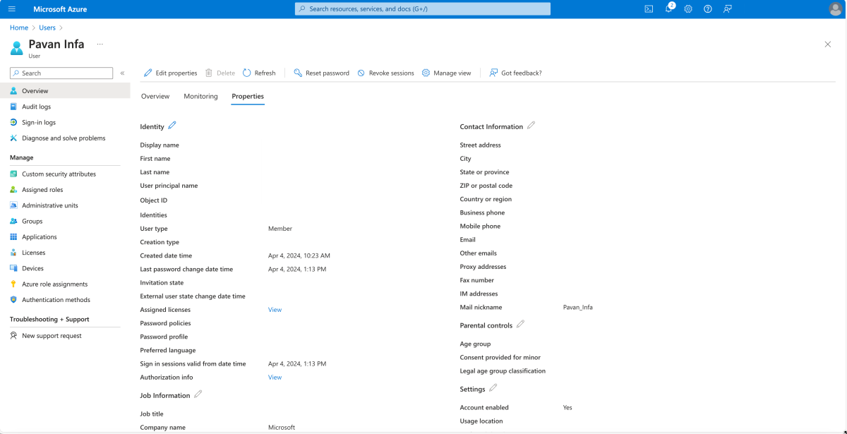 Screenshot of a user information in the Azure portal.