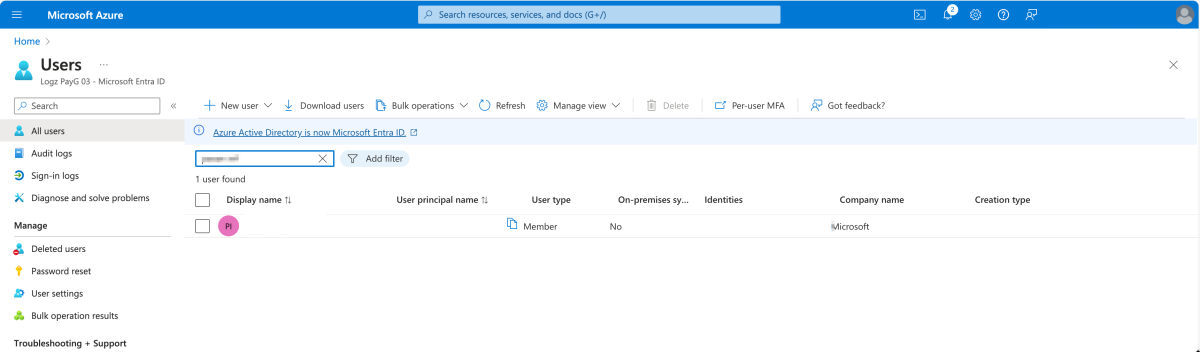 Screenshot of a searching for user in the Azure portal.