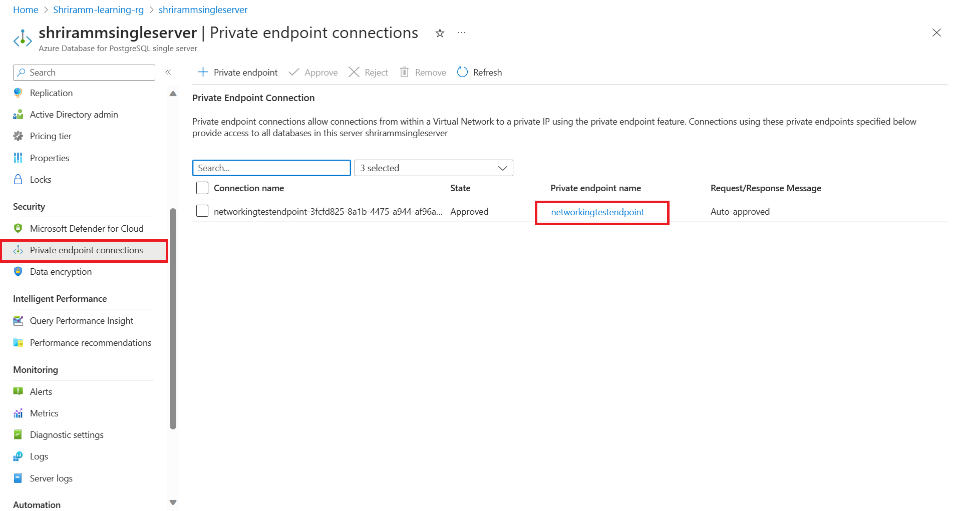 Screenshot of private endpoint connection in single server.