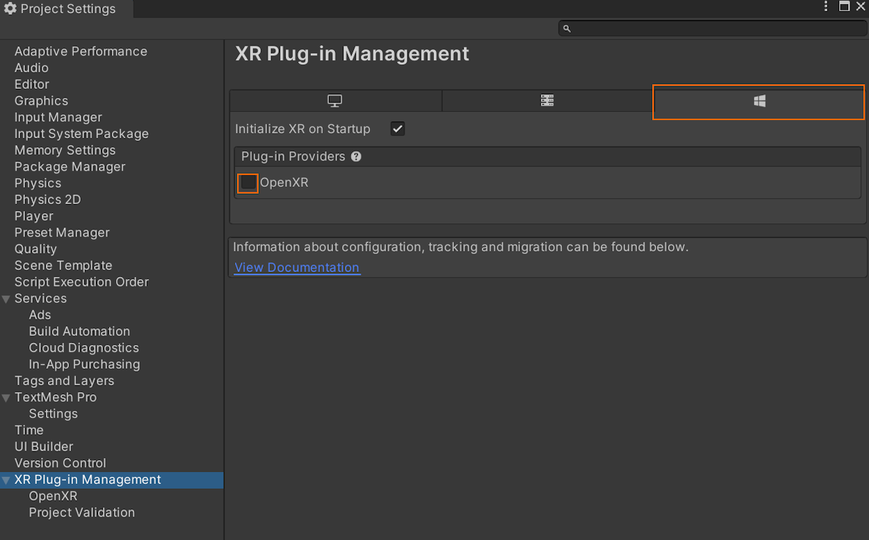 A screenshot showing the Project Settings menu with a disabled "OpenXR" setting.