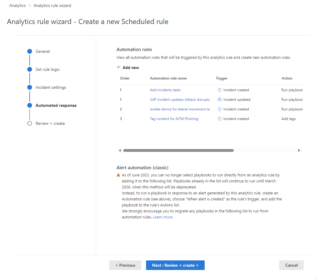 Screenshot of automated response screen of analytics rule wizard in the Defender portal.