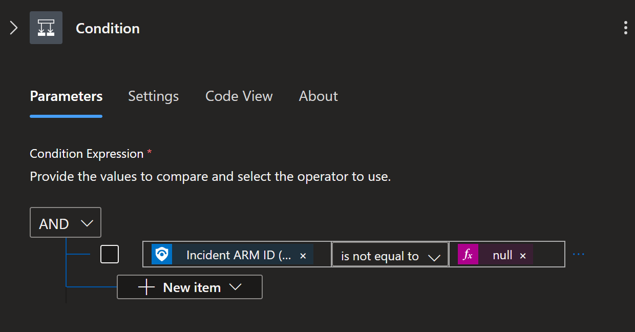 Screenshot of the extra condition to add before the Incident ARM ID field.