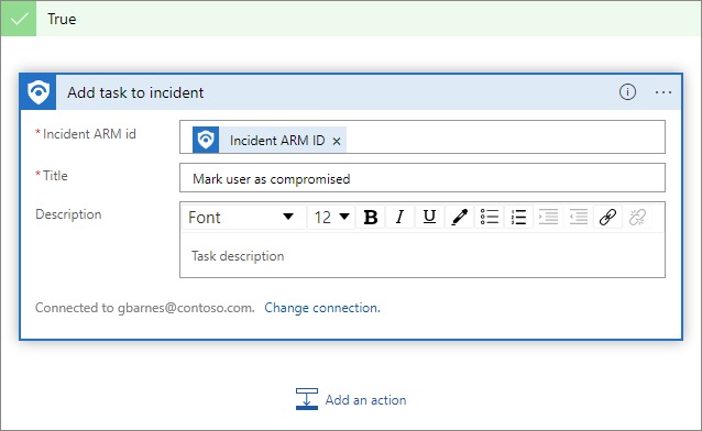 Screenshot shows playbook actions to add a task to mark a user as compromised.