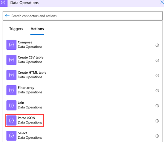 Screenshot of selecting the Parse JSON option under Data Operations.