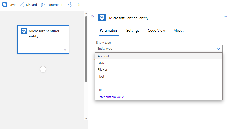 Screenshot of drop-down list of entity types to choose from to set playbook schema.