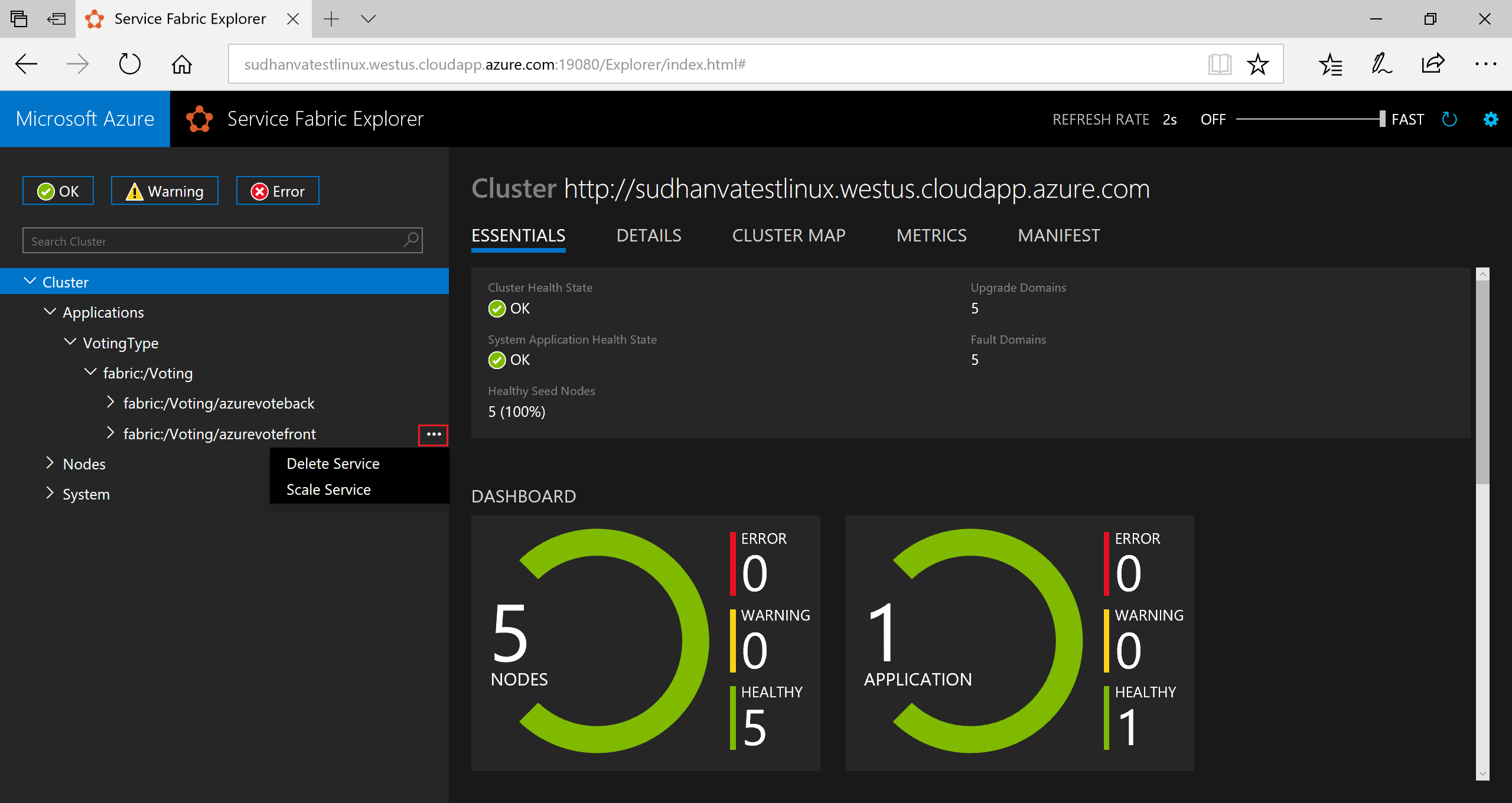 Service Fabric Explorer scale service start