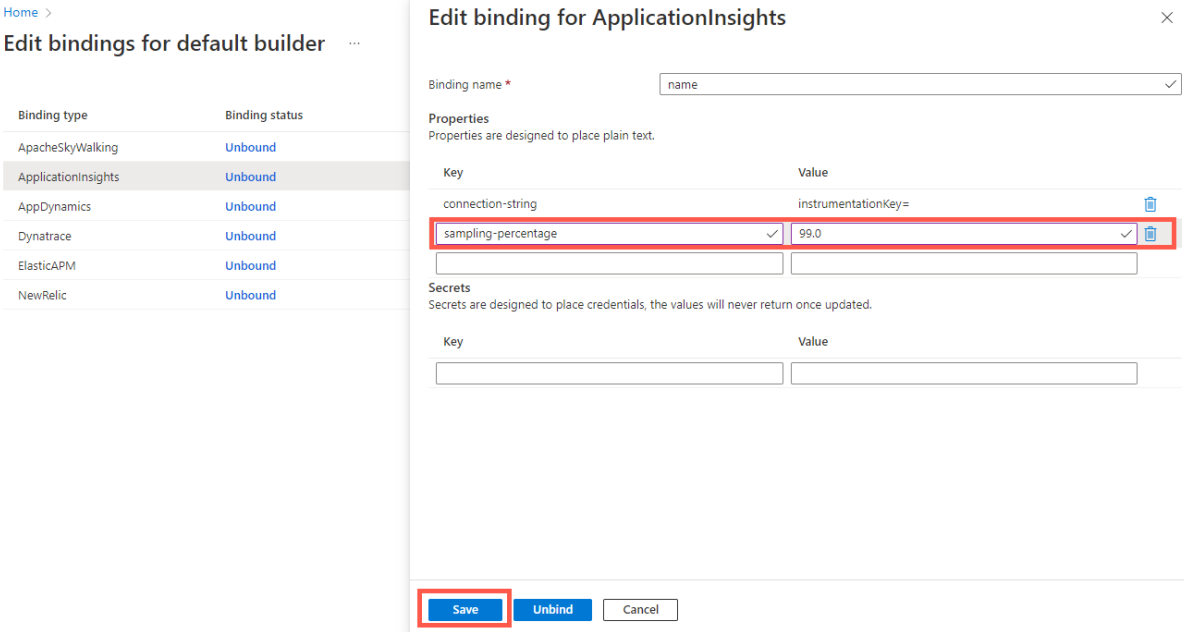 Screenshot of the Azure portal that shows the Edit binding pane.