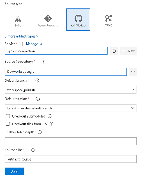 Screenshot that shows setting the artifacts branch.