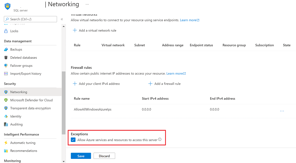 Screenshot that shows how to configure firewalls for your SQL database by using the Azure portal.