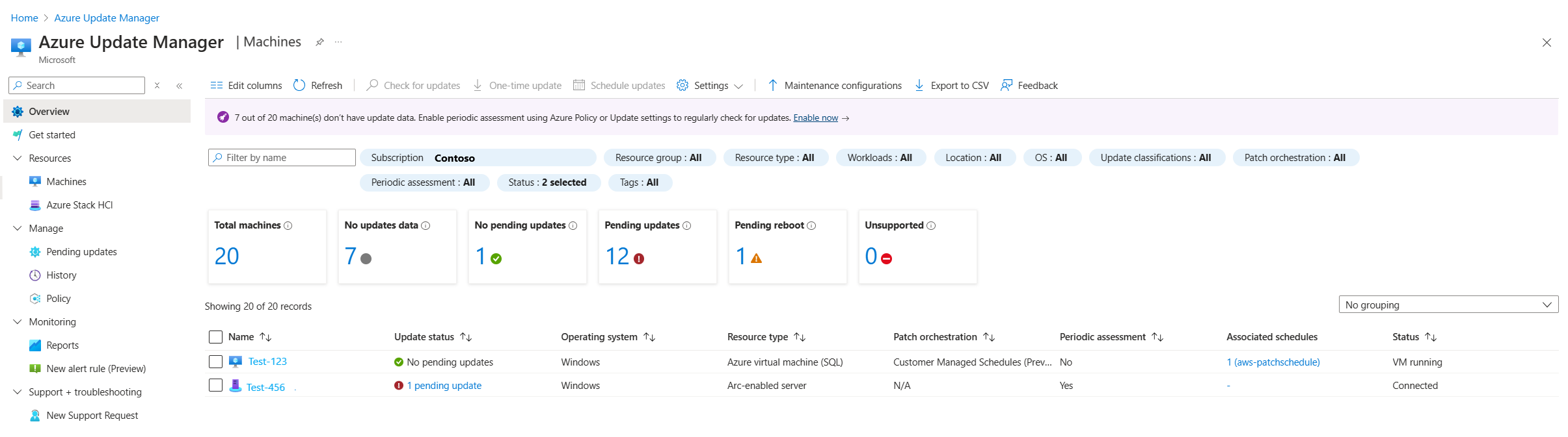 Screenshot that shows the Update Manager Machines page in the Azure portal.