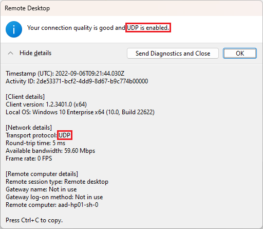 Screenshot of Remote Desktop Connection Info dialog when using STUN.