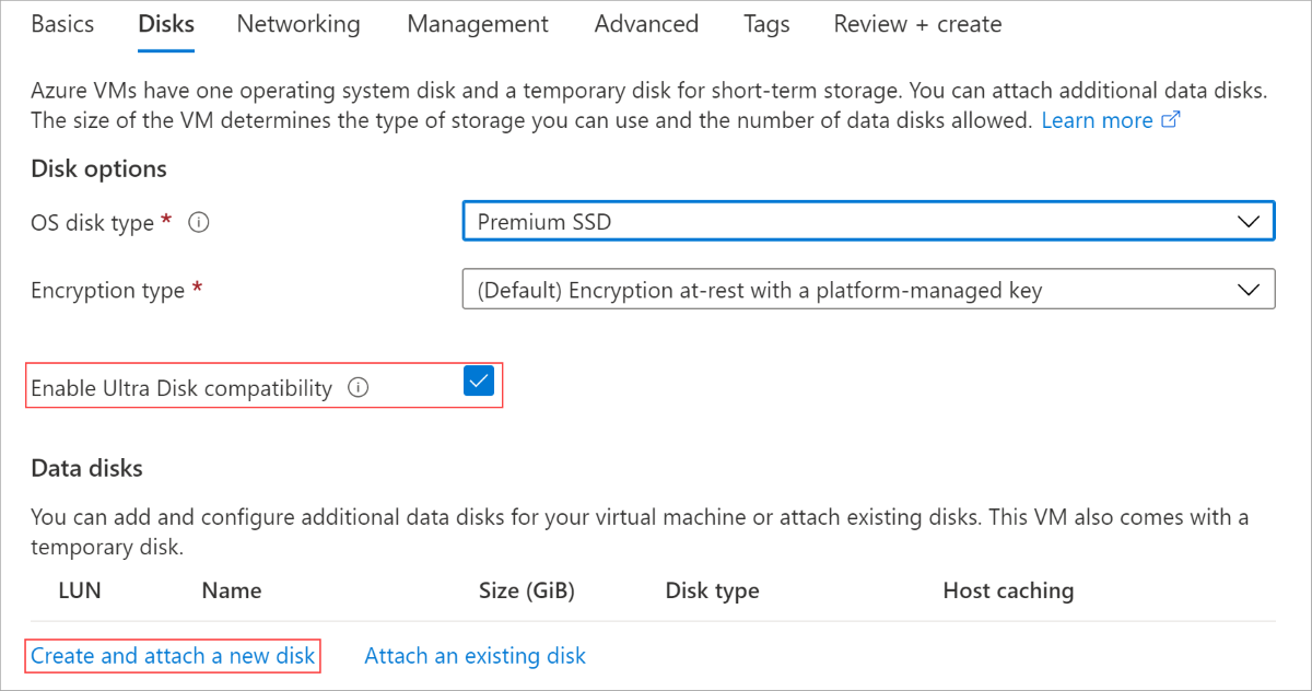 Screenshot of vm creation flow, disk blade, Ultra Disk compatibility is enabled and create and attach a new disk is highlighted.