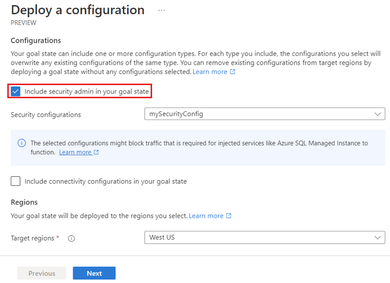 Screenshot of deploy a security configuration page.